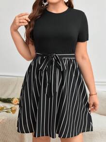 SHEIN Frenchy Plus Striped Print Belted Summer Boho Dress,Graduation Dress - Black and White - View 4