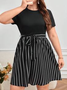 SHEIN Frenchy Plus Striped Print Belted Summer Boho Dress,Graduation Dress - Black and White - View 5