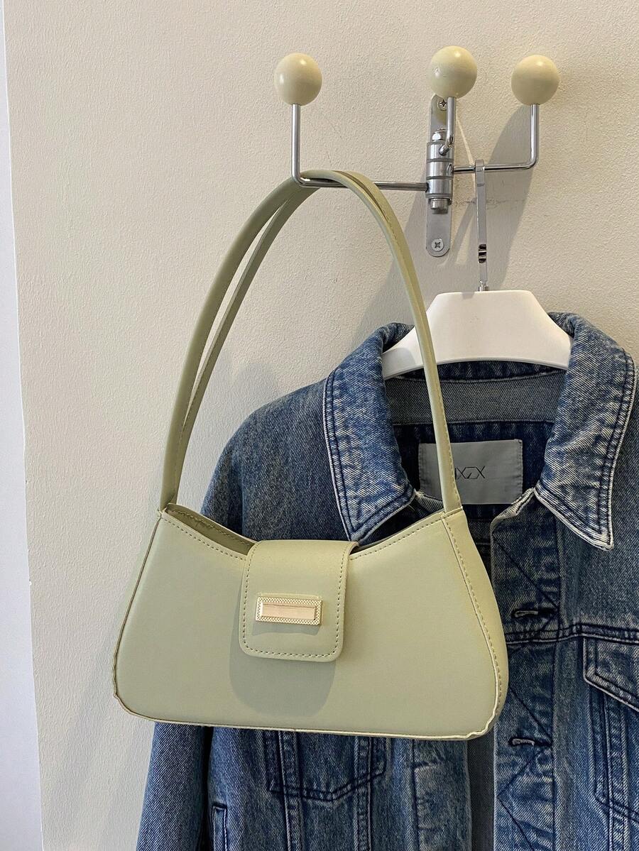 金屬裝飾長方形包時尚Pu單肩包女士素色手提包 - 綠色 - 查看 1