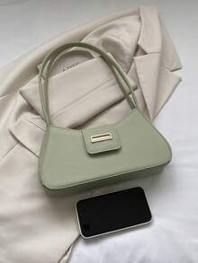 金屬裝飾長方形包時尚Pu單肩包女士素色手提包 - 綠色 - 查看 3