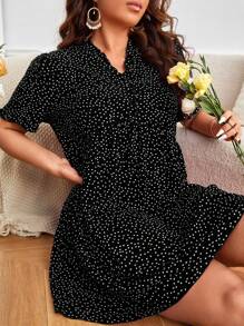 SHEIN Frenchy Đầm Plus Size viền lá sen Xù Chấm bi Dễ thương - màu đen - Xem 1