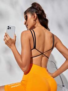 SHEIN Yoga Sxy 後背十字交叉運動型文胸 - 黑色 - 查看 2