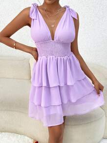 SHEIN Privé Knot Shoulder Shirred Layer Hem Dress - Lilac Purple - View 1