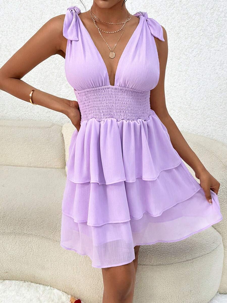 SHEIN Privé Knot Shoulder Shirred Layer Hem Dress - Lilac Purple - View 1