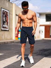 Manfinity Sport Corelite Boyfriend Style Men's Drawstring Waist Zipper Pocket Casual Workout Shorts,Gym Clothes Sweat Pants - Navy Blue - View 4