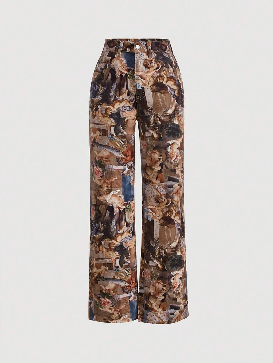 SHEIN MOD Figure Graphic Wide Leg Jeans, Vintage, Fall Women Clothes - Multicolor - View 1