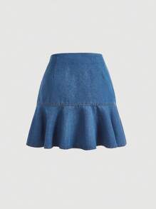 SHEIN MOD 荷葉邊牛仔半身裙 - 中等水洗藍 - 查看 2