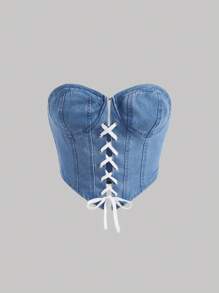 SHEIN MOD Lace Up Front Tube Denim Top - Light Wash - View 1