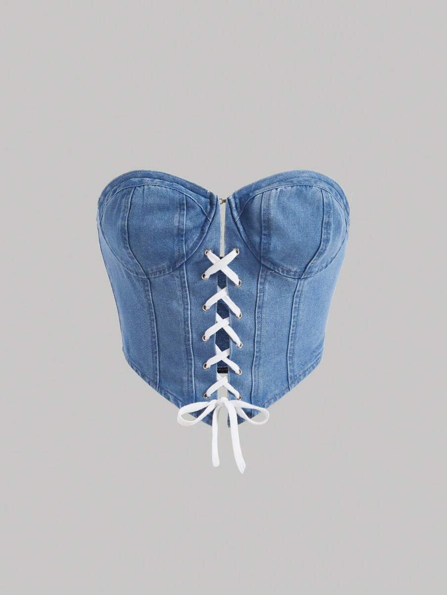 SHEIN MOD Lace Up Front Tube Denim Top - Light Wash - View 1