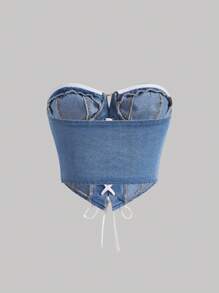 SHEIN MOD Lace Up Front Tube Denim Top - Light Wash - View 2