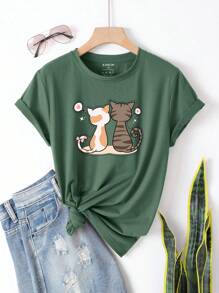 SHEIN EZwear 大碼卡通圖案T恤 - 墨綠色 - 查看 1