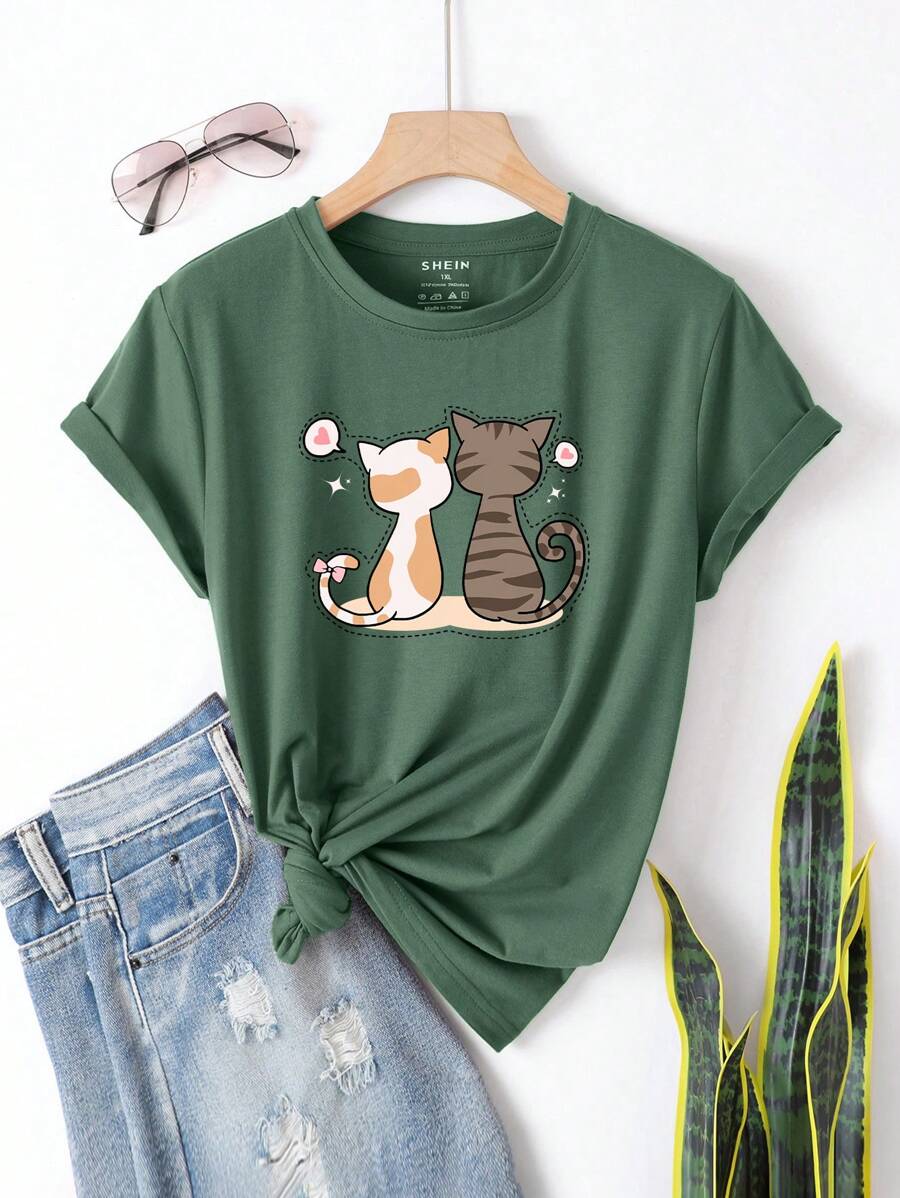 SHEIN EZwear 大碼卡通圖案T恤 - 墨綠色 - 查看 1