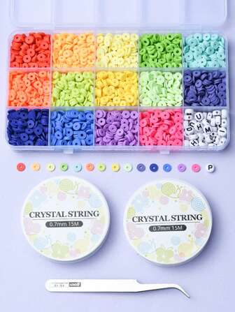 1盒混色6毫米軟陶瓷間隔珠和7毫米扁圓形亞克力字母珠DIY套裝，帶2卷0.7毫米鬆緊繩和1入組不銹鋼鑷子，適合製作手鍊和項鍊