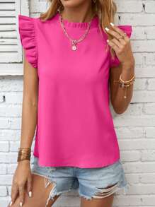 INAWLY 褶邊領荷葉邊後鎖孔襯衫 - 玫紅色 - 查看 4