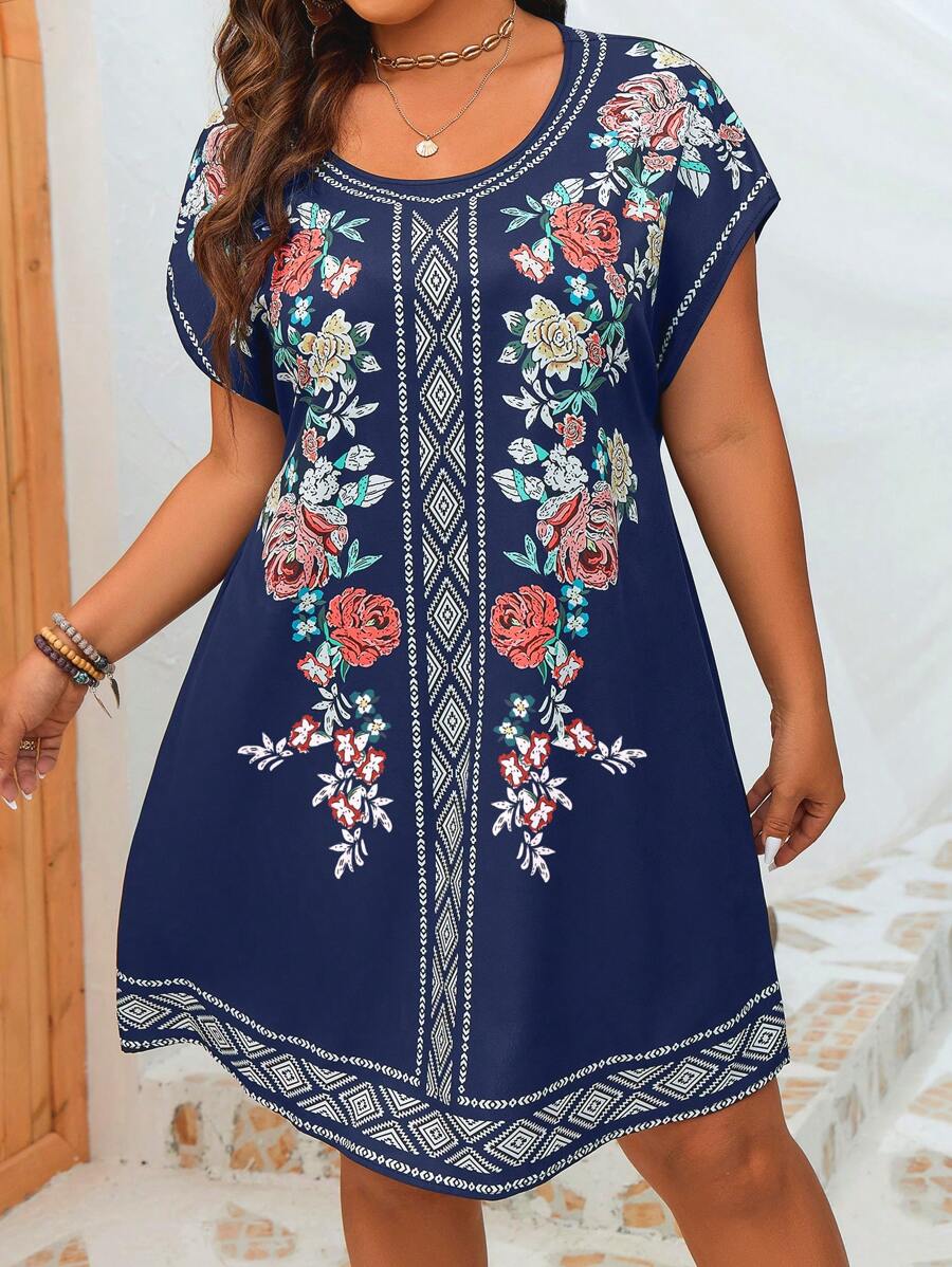 SHEIN LUNE Plus Floral Print Batwing Sleeve Dress - Blue - View 1