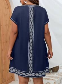 SHEIN LUNE Plus Floral Print Batwing Sleeve Dress - Blue - View 2