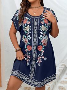 SHEIN LUNE Plus Floral Print Batwing Sleeve Dress - Blue - View 3