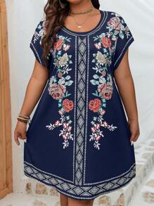 SHEIN LUNE Plus Floral Print Batwing Sleeve Dress - Blue - View 4