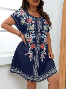 SHEIN LUNE Plus Floral Print Batwing Sleeve Dress - Blue - View 5