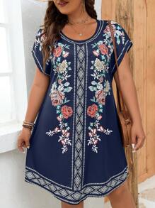 SHEIN LUNE Plus Floral Print Batwing Sleeve Dress - Blue - View 6