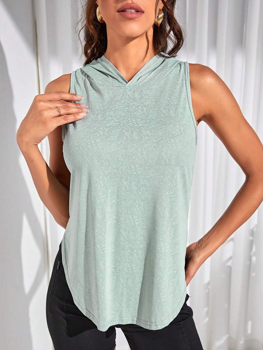 素色提花弧形下擺連帽運動背心 - 薄荷綠 - 查看 1