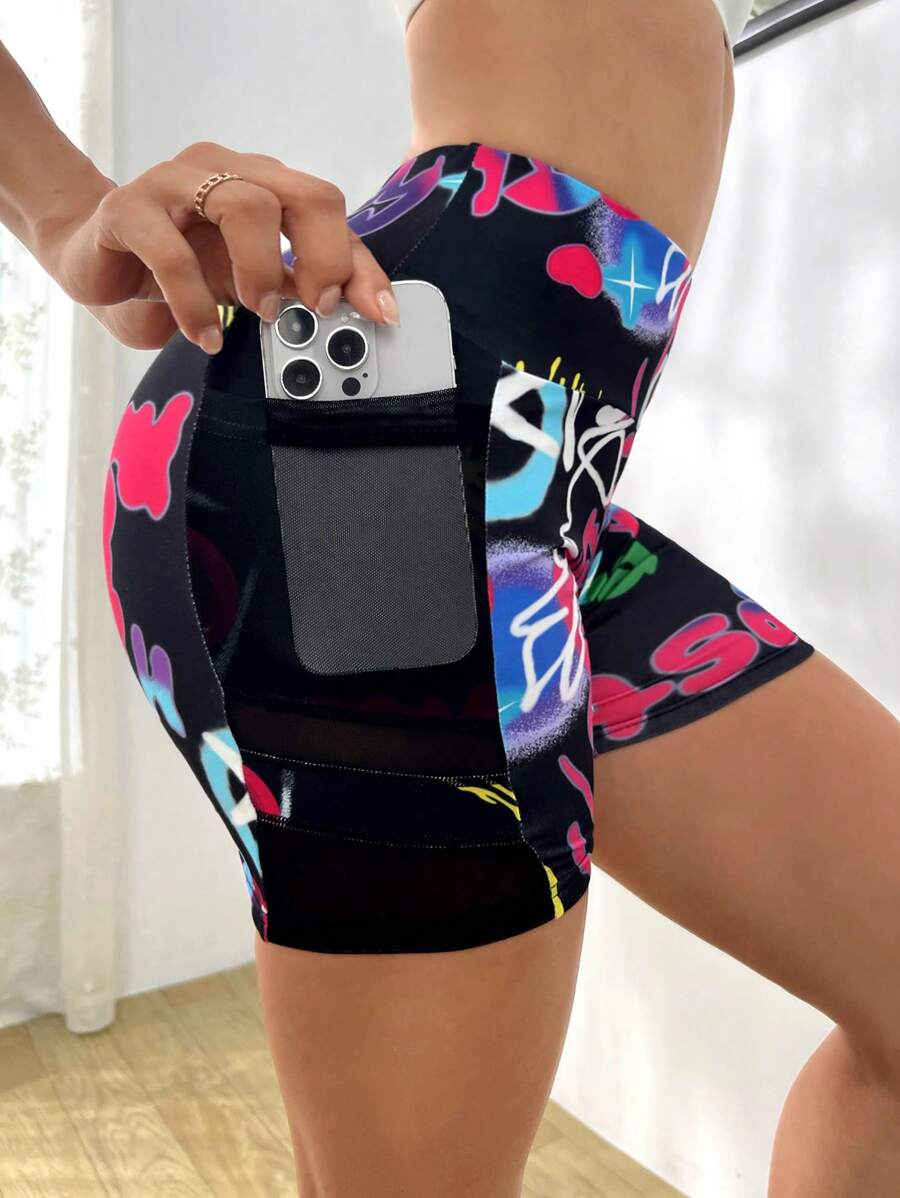 Yoga Funny Quần Shorts Thể thao Nữ Tương phản Mesh Túi Lá thư - màu đen - Xem 1