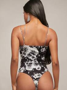SHEIN BAE Floral Print Asymmetrical Neck Cami Bodysuit - Black and White - View 2