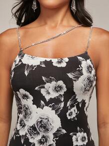 SHEIN BAE Floral Print Asymmetrical Neck Cami Bodysuit - Black and White - View 3