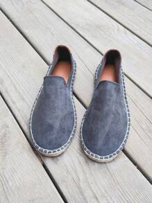 男士复古缝纫线乐福鞋帆布休闲鞋，手工天然草编绳便鞋，经典潮流 - 灰色 - 查看 3