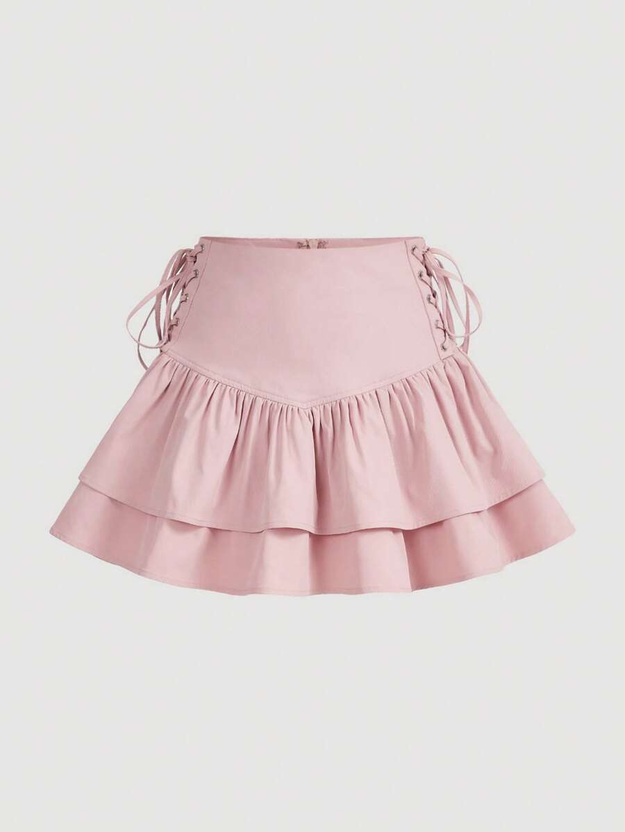 SHEIN MOD Lace Up Side Ruffle Hem Skirt
