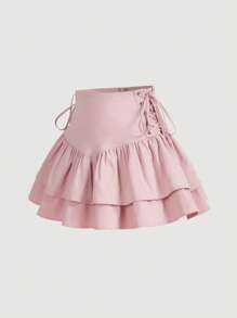 SHEIN MOD Lace Up Side Ruffle Hem Skirt