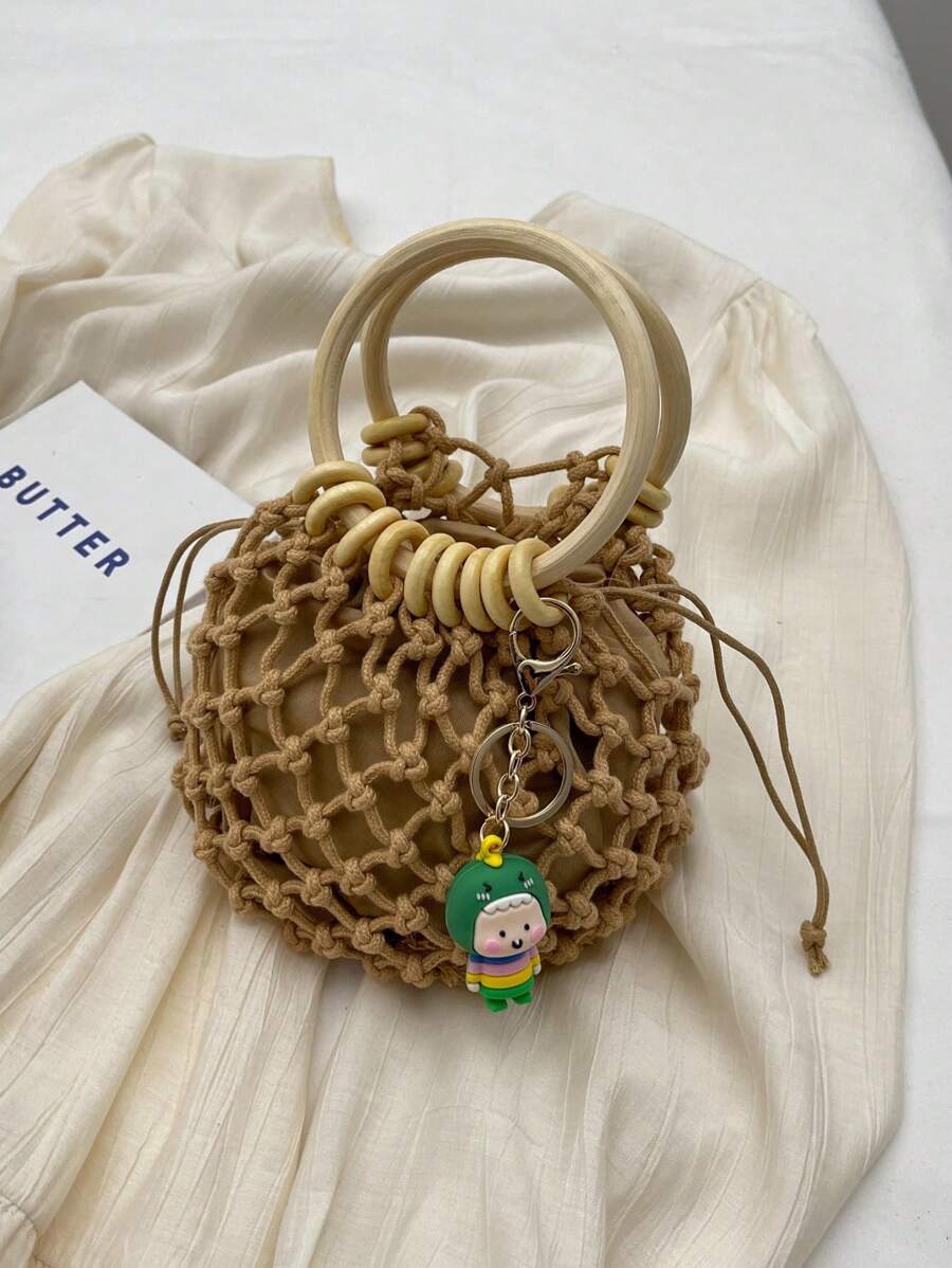 Mini Hollow Out Crochet Bag Thiết kế dây rút Kỳ nghỉ - Màu Khaki - Xem 1