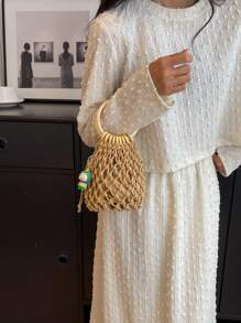 Mini Hollow Out Crochet Bag Thiết kế dây rút Kỳ nghỉ - Màu Khaki - Xem 5