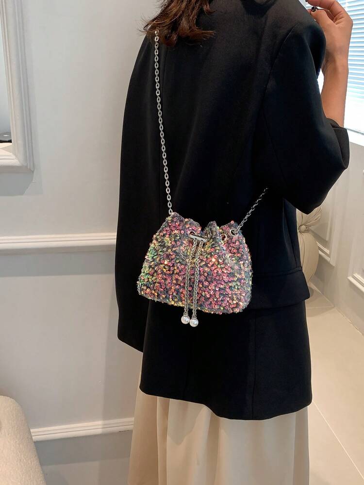 Glitter Bling,Shiny Glamorous,Elegant,Exquisite Mini Sequin Decor Bucket Bag Faux Pearl Decor Glamorous Dinner Bag,Evening Bag For Party Girl,Woman,For Female Perfect For Party,Wedding,Prom,Dinner/Banquet,For Best Gift For Women , Sequin