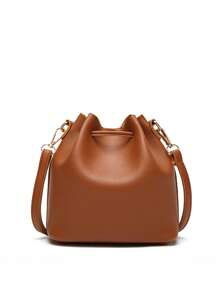 迷你抽繩設計水桶包流蘇裝飾棕色 - 棕色 - 查看 2