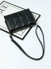 輕盈的商務休閒迷你純色拼接方扣肩背包,格子設計斜跨包,帶可調節肩帶的簡約錢包,適用於少女、女性大學生、新手及白領上班族,適合在辦公室、學校、商務、通勤、戶外、旅遊、出行等場合使用 - 黑色 - 查看 2