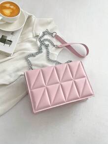 PU Square Bag Quilted Pattern Flap Pink Fashionable - Baby Pink - View 2