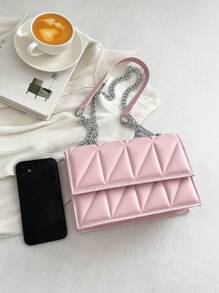PU Square Bag Quilted Pattern Flap Pink Fashionable - Baby Pink - View 5