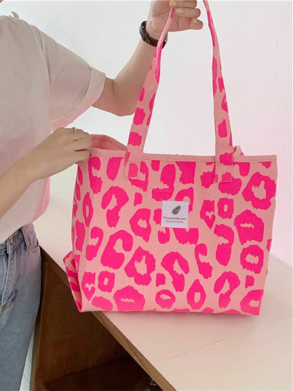 Fashionable Sweet & Cool Large Leopard Print Fabric Tote Shopping Bag, Casual Shoulder Bag, Must-Have Love Item For Valentine's Day And Christmas Atmosphere