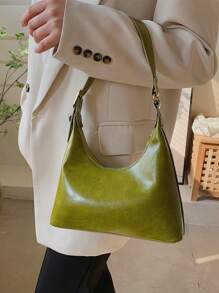 PU Hobo Bag Green Zipper Adjustable Strap Fashionable - Green - View 1