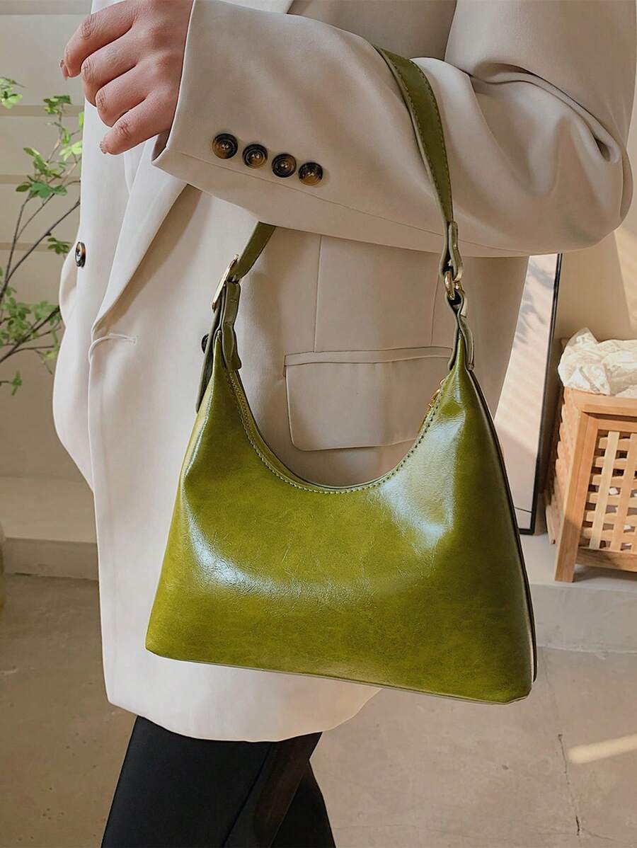 PU Hobo Bag Green Zipper Adjustable Strap Fashionable - Green - View 1
