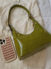 PU Hobo Bag Green Zipper Adjustable Strap Fashionable - Green - View 2