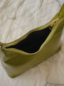 PU Hobo Bag Green Zipper Adjustable Strap Fashionable - Green - View 3