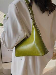 PU Hobo Bag Green Zipper Adjustable Strap Fashionable - Green - View 5