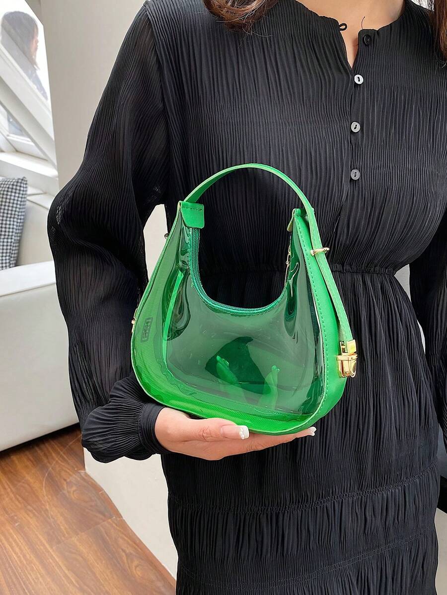 Mini Zipper Hobo Bag Fashionable PVC Green Waterproof, Clear Bag - Green - View 1