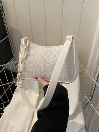 迷你拉鍊流浪包極簡白色鱷魚壓紋