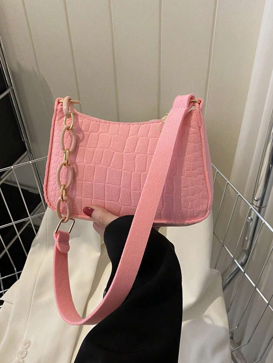 迷你拉鍊流浪包極簡風格粉色的鱷魚壓紋