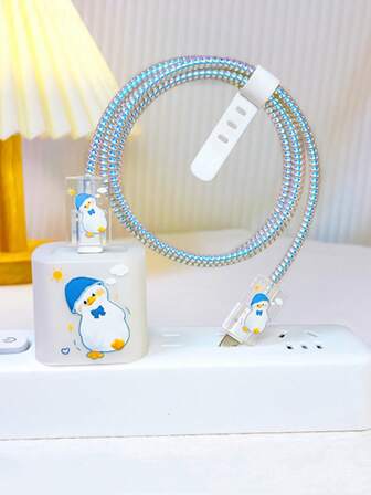 4入組鴨子印花透明數據線保護頭和1入組充電頭套適用於iphone