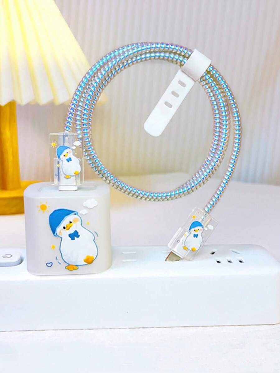 4入組鴨子印花透明數據線保護頭和1入組充電頭套適用於iphone - 彩色 - 查看 1