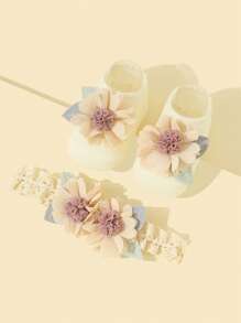 1 Stück Paar Babysocken mit Blumendekor, süß zum Laufen & 1 Stück Haarband für den Alltag, Liebe, Valentinstag - Beige - Übersicht 2
